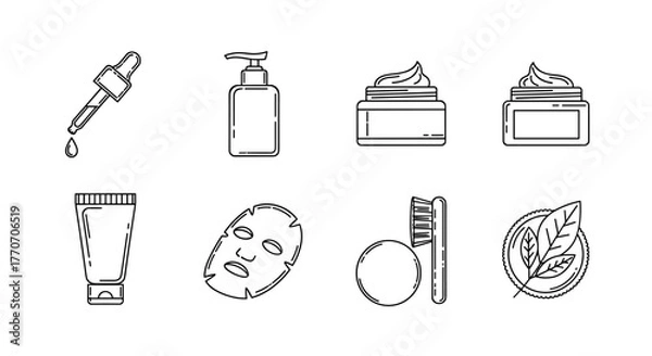 Fototapeta Set of clean line art icons representing skincare and beauty products, including a dropper bottle, pump dispenser, cream jars, tube, face mask, makeup brush, and a leaf emblem, perfect for cosmetic