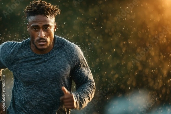 Fototapeta Focused African American man running outdoors in the rain, determined and athletic.