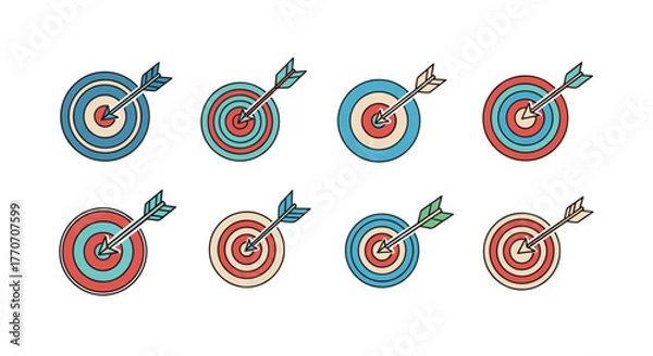 Obraz Set of eight colorful target icons with arrows hitting the bullseye, presented in a clean, vector cartoon illustration style, perfect for representing goals, success, and precision in business or