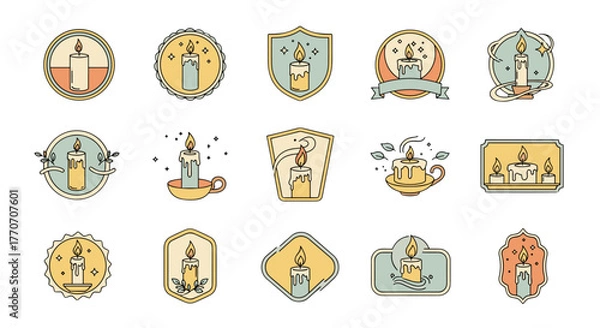 Obraz Set of 15 stylized candle icons and badges in a retro pastel color palette, featuring various candle shapes, holders, and decorative elements like leaves and stars, perfect for branding, logos, and