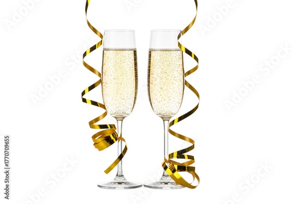 Obraz Two champagne flutes filled with bubbly champagne and golden ribbons isolated on transparent background