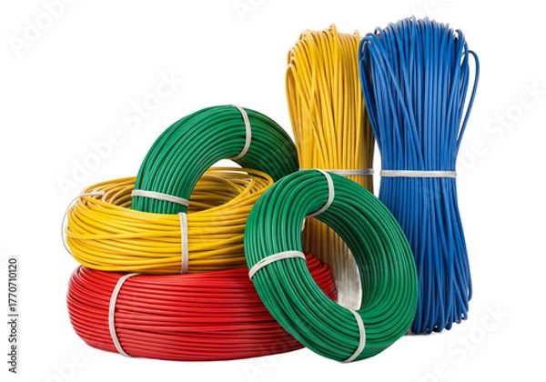 Obraz Collection of colorful electrical wires and cables in spools and bundles isolated on transparent background
