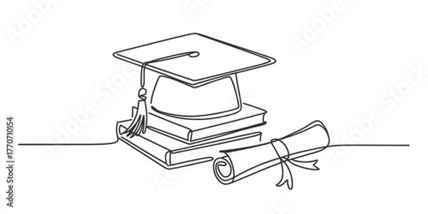Obraz Elegant graduation cap stack of books and diploma depicted in a minimalist continuous one line drawing art style vector