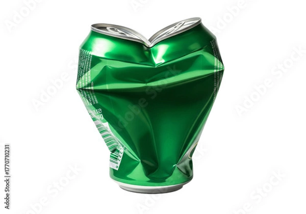 Obraz Crushed green aluminum soda can with a heart shape formed by its top isolated on transparent background