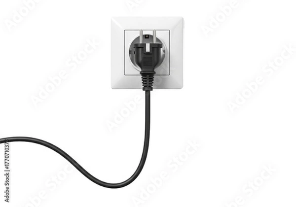 Obraz Electrical power plug inserted into a white wall socket with a black cord isolated on transparent background