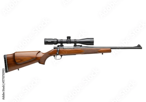 Obraz Detailed view of a classic wooden hunting rifle with a telescopic scope isolated on transparent background