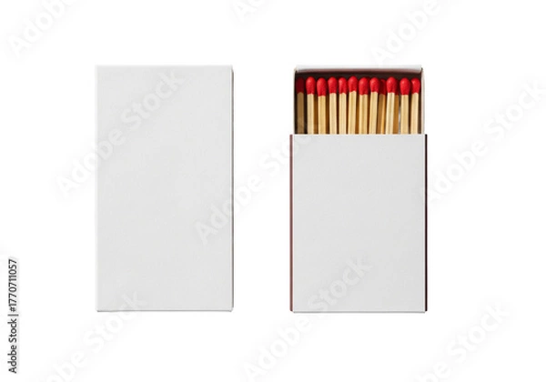 Obraz Two white matchboxes one closed and one open showing red tipped matches isolated on transparent background
