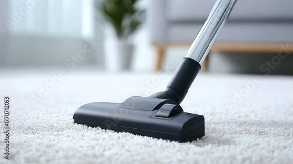 Fototapeta Vacuum cleaner nozzle on soft carpet, demonstrating effective cleaning process in a bright living room with modern furniture and a touch of greenery for a fresh atmosphere