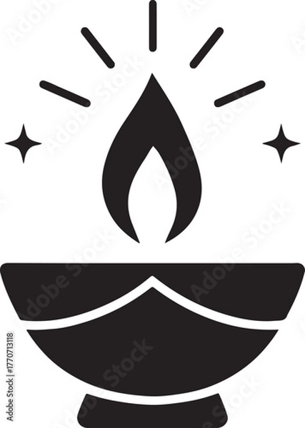 Obraz A simple, stylized illustration of a diya, a traditional oil lamp, emitting light and sparks. This graphic represents celebration, spirituality, and illumination.