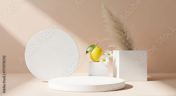 Fototapeta Minimalist Display with Lemon and Daisies