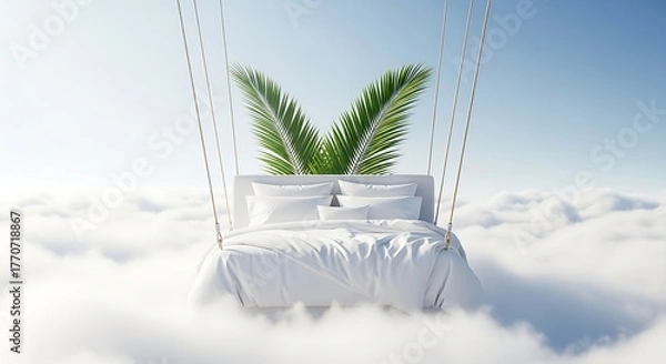 Fototapeta Surreal Bed Floating on Clouds with Palm Fronds