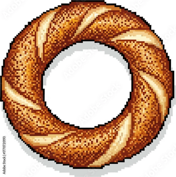 Obraz A pixelated illustration of a golden-brown, sesame-covered bagel, isolated on white.