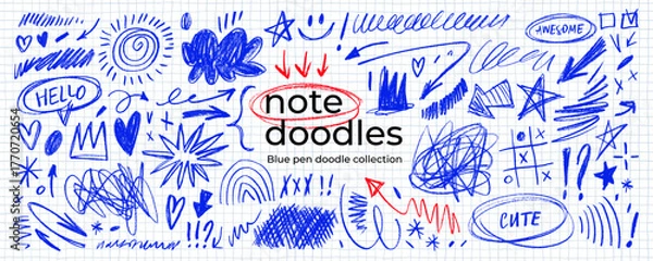 Fototapeta Blue pen scribble and doodle collection. Blue pen lines, arrows and scribbles at grid notebook background. Crayon drawn note doodles for hand drawn diagram, infographic and journaling.