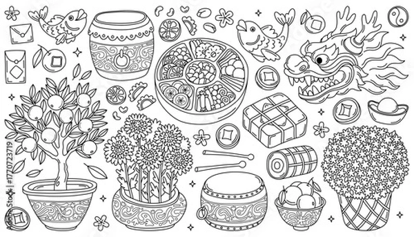 Obraz Collection of festive elements for Lunar New Year, Chinese New Year, Vietnamese Tet. Doodle outline illustrations, icons, coloring page. Tradition food, sweets, dragon, tangerine tree, drum, flowers.