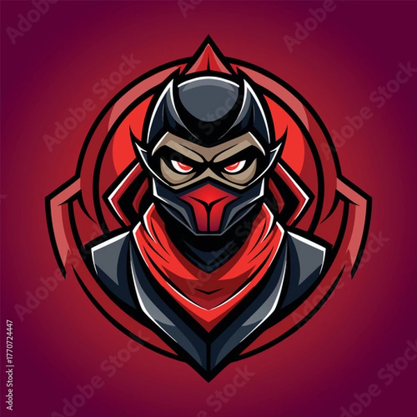 Fototapeta  Red Mascot ninja warrior masked character with intense eyes and scarf