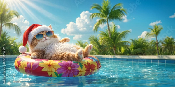 Fototapeta Chat avec des lunettes de soleil et un chapeau de père-noël dans la piscine, détente et humour de vacances - banner, bannière avec espace vide pour du texte