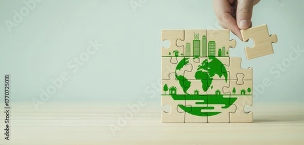 Fototapeta Building a Green Future: A hand placing the final puzzle piece of a nature-themed jigsaw puzzle, symbolizing the collective effort towards environmental sustainability and a harmonious planet. 