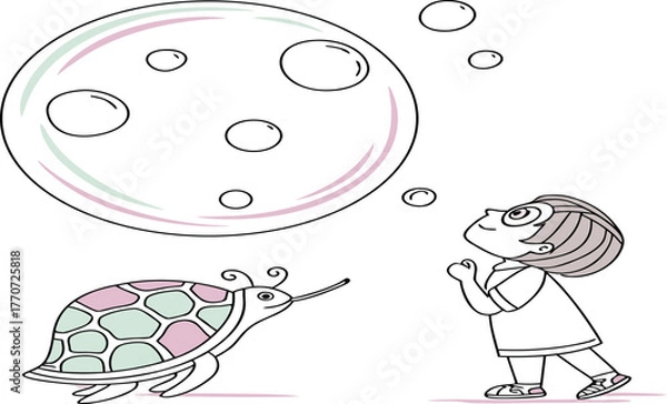 Obraz Dreamy Cartoon: A child gazes in wonder at an oversized bubble floating above, while a turtle appears to observe it with curiosity.
