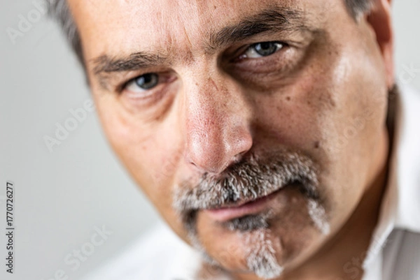 Fototapeta Detailed close-up of a mature man’s face with gray mustache and goatee. The intense gaze and natural lighting emphasize skin detail, facial expression, and realism against a minimal background.
