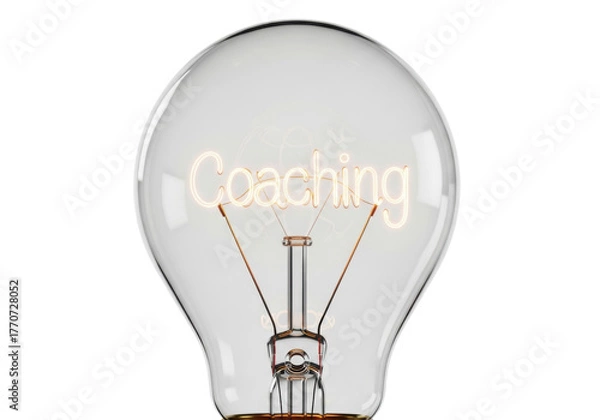 Fototapeta Vintage Edison-style light bulb with glowing 'Coaching' filament, isolated on a transparent, shadowless background with warm incandescent glow. Concept of innovation, clarity, and mentorship