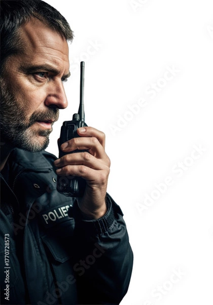 Fototapeta Caucasian police officer, dark beard, speaks into walkie-talkie, urban night, dramatic tactical light, bokeh, concept of urgent police communication