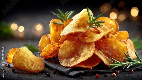 Fototapeta Crispy golden potato chips with rosemary and peppercorn accents