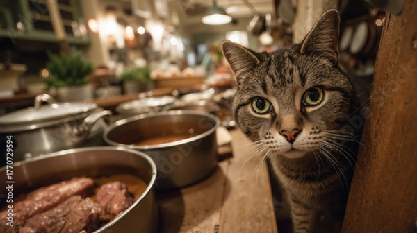 Fototapeta Curious tabby cat exploring a cozy rustic kitchen with pots and delicious meals