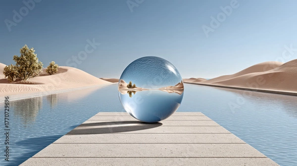 Obraz Surreal glass sphere reflecting desert oasis in tranquil water landscape under clear blue sky