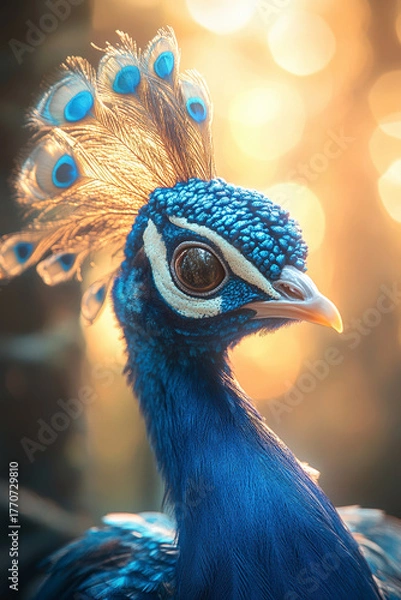 Fototapeta Majestic blue peacock with vibrant feathers glowing in golden sunset light