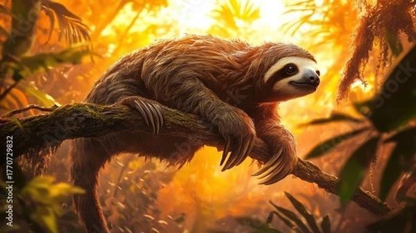 Fototapeta Peaceful sloth relaxing on tree branch amidst lush tropical jungle at sunrise, bathed in warm sunlight