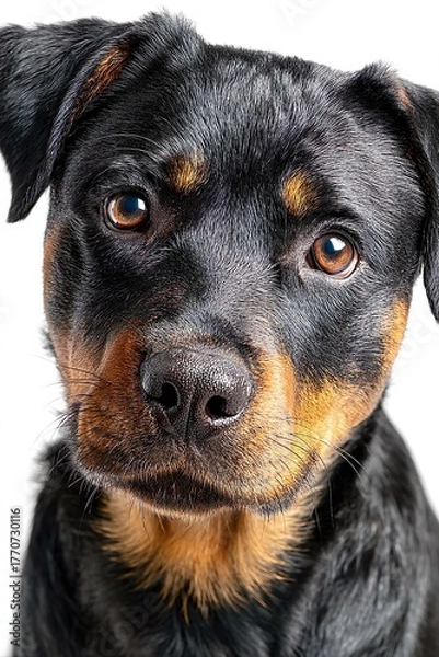 Fototapeta Close-up portrait of a Rottweiler dog with gentle expression, looking directly at camera, isolated on white background