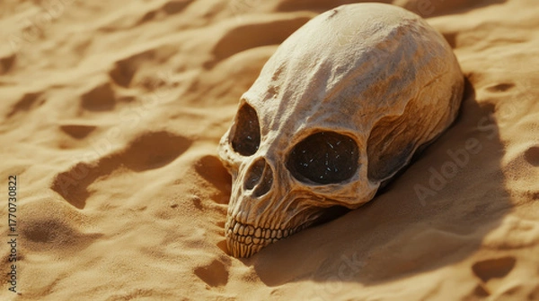 Fototapeta Ancient human skull partially buried in desert sand evoking mystery and exploration of forgotten civilizations and historical secrets