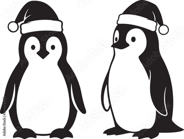 Fototapeta Two adorable penguin characters wearing santa hats silhouette