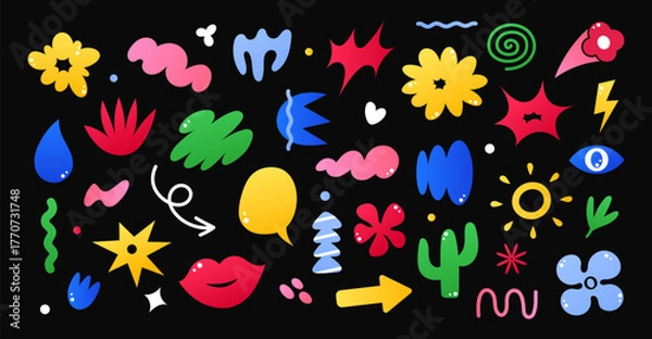 Fototapeta Groovy shapes. Vector collection of funky flowers, plants, stars, wavy objects, loops, bubbles, doodles, leaves, and cloud shapes. Trendy 90s hippie shapes for stickers, web design, prints, decor, ui