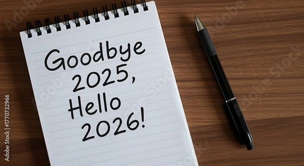 Fototapeta Notebook with goodbye 2025, hello 2026 and pen