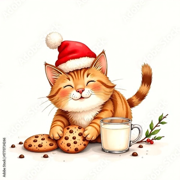 Fototapeta Cute orange kitten in a red santa hat enjoying cookies and milk on a winter Christmas day