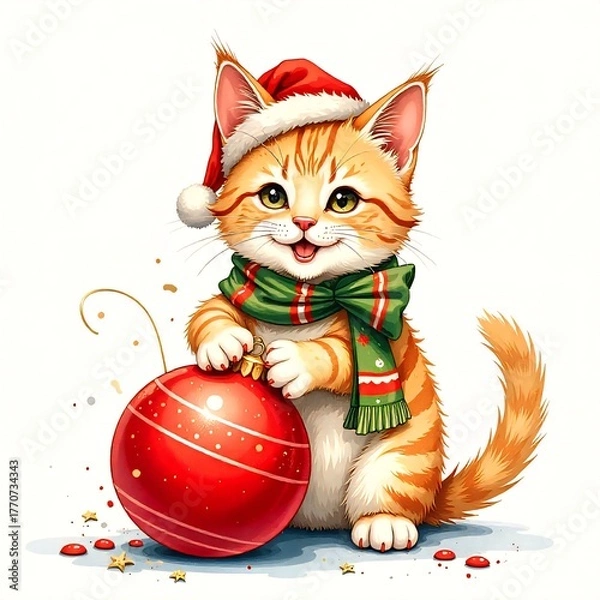 Fototapeta Cute kitten playing woth a Christmas toy in red santa hat ,happy and joyful 