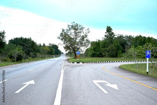 Fototapeta Signal, U-turn and go straight. and arrows on street