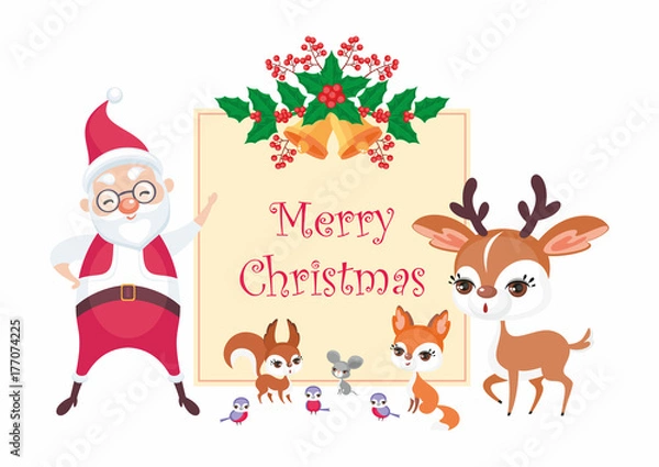 Fototapeta Christmas greeting card with the image of Santa Claus and woodland animals. Vector background.