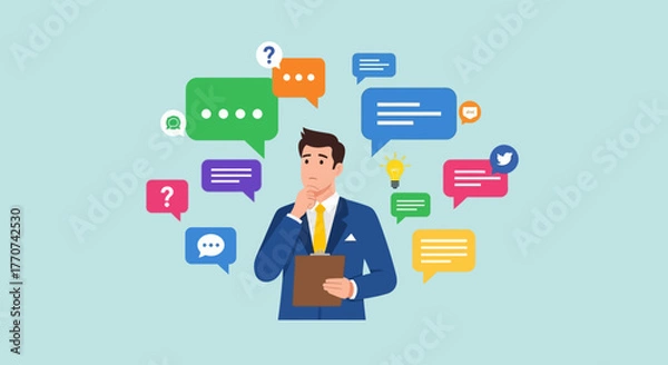 Fototapeta A businessman deep in thought surrounded by various communication bubbles and icons, representing ideas, questions, and social media
