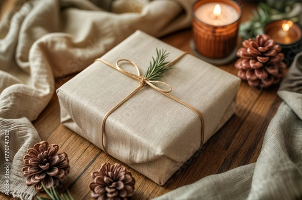 Obraz Gift wrapped in natural materials, set on a wooden table with candles and pinecones in a cozy indoor setting