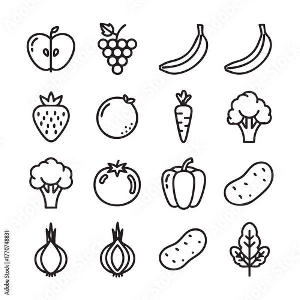 Obraz Black and white fruit and vegetable seamless vector pattern design