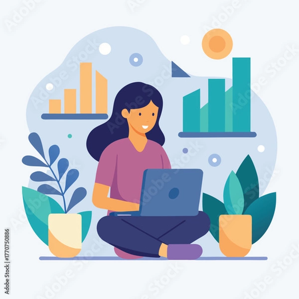 Fototapeta Business woman working on laptop in office cartoon vector illustration