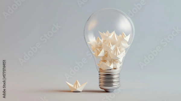 Obraz light bulb filled with tiny paper boats, imagination contained within logic