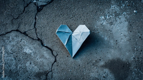 Obraz paper origami heart placed on cracked concrete, contrast between tenderness and harshness