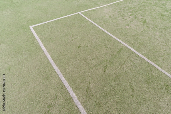 Obraz Artificial green turf with white painted lines on a open sports field