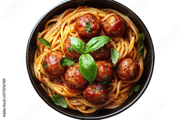 Obraz Delicious spaghetti and meatballs with fresh basil in a dark bowl against a on transparent background
