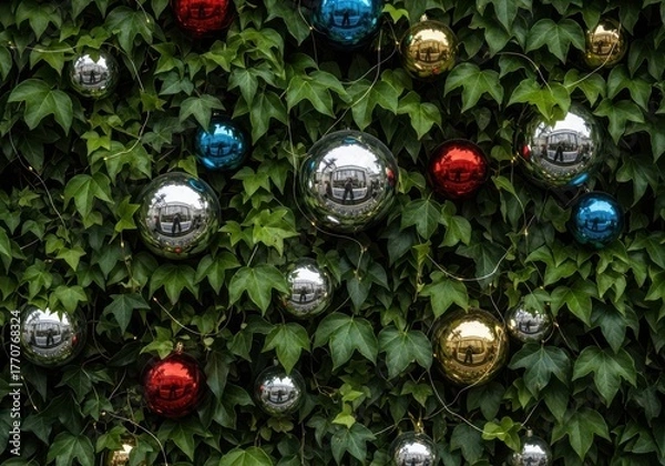 Fototapeta Festive christmas ornaments adorn a lush green ivy wall