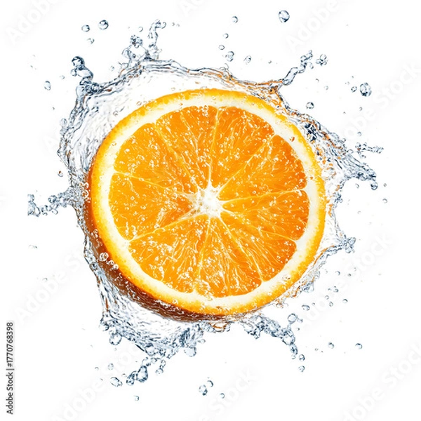 Fototapeta Juicy orange slice splash captures refreshing citrus burst in dynamic water droplets isolated on transparent background