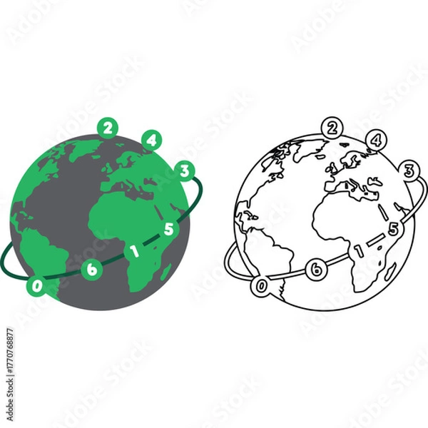 Obraz Earth Globe with Numbered Path Around It world planet map orbit route travel journey navigation location